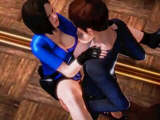 Jill Valentine, Resident Evil-pelihahmo, viettelevässä hentai-pelivideossa hoikan miehen kanssa